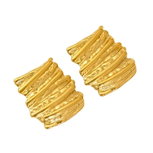 Elegant gold stainless steel irregular floral earrings with textured wavy metal design