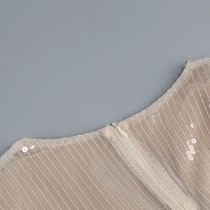 Detail of invisible zipper on beige sequin dress featuring striped mesh lace fabric