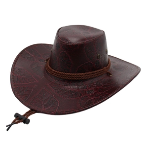Western cowboy hat in dark red faux leather with leaf pattern texture and windproof cord