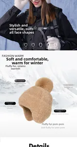 Detail of caramel plush winter hat with ear flaps and large pompom for cold protection