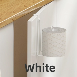 Close-up of white wall-mounted toilet paper holder showing door-hanging metal wire detail