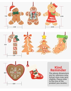 Detailed size chart for gingerbread man and Christmas tree ornaments in clay style