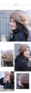 Detail view of a vintage wool beret featuring a side bow accent and warm camel texture