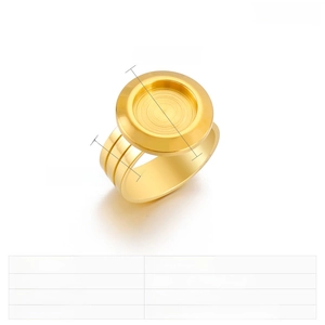 Détail macro d'un support de bague rond de 18 mm en acier inoxydable doré avec dimensions