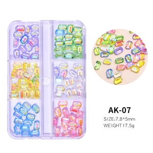 Detail of emerald cut AB crystal nail charms 7.8x5mm in 6-grid organizer box