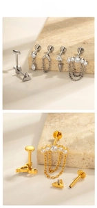 Detailed view of titanium labret studs with zircon chain tassels in gold and silver finishes