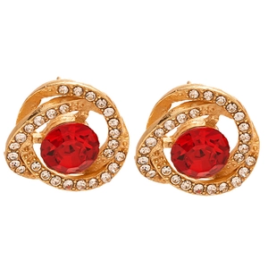 Vintage floral geometric earrings with red crystal and sparkling diamond accents