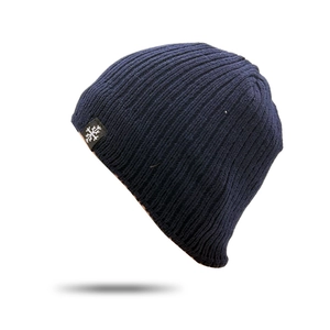Men's winter navy blue rib-knit beanie with snowflake patch for windproof warmth