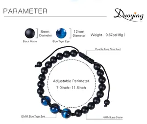 Size chart for adjustable 12mm tiger eye and matte stone braided beaded bracelet