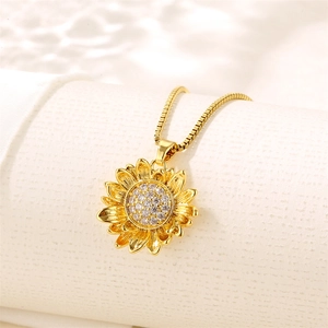 Elegant gold sunflower necklace with sparkling zircon crystals and a box chain for women