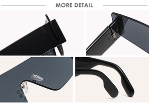 Detailed views of frame corners, hinges, nose pads, and tips of fashion sunglasses