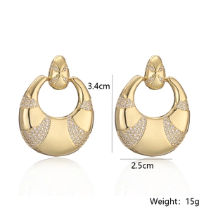 Detail view of 18k gold plated crescent moon earrings with cubic zirconia and dimensions