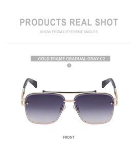 Close-up of gold metal frame square sunglasses with gradient gray lenses C2 detail