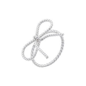 Detailed macro shot of a silver bow knot ring with creative twisted rope texture design