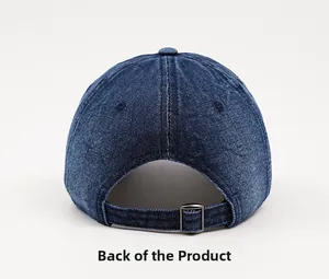 Rear view of distressed denim baseball cap with adjustable metal buckle and stitching