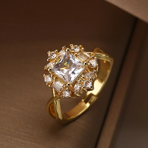 Luxurious gold-plated open ring with a large square zircon and marquise-cut accents