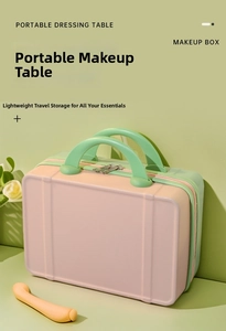 Close-up of pink and green portable makeup box with wide handle and dual zippers