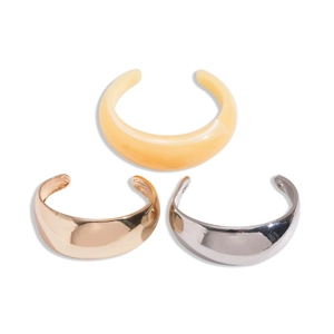 Minimalist 18k gold plated geometric C-shape open bangles set in gold, silver, and cream