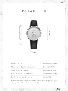 Detailed parameter diagram for quartz watch with leather band showing dial and case dimensions