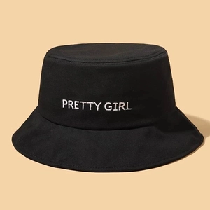 Bucket Hat Cotton Canvas Pretty Girl Letter Embroidery Sun Protection Fashion Casual Fisherman Cap For Women Black