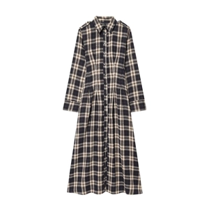 Plaid Long Sleeve Shirt Dress Button Down High Waist Pleated Midi Dress For Women Casual Retro Style Polyester