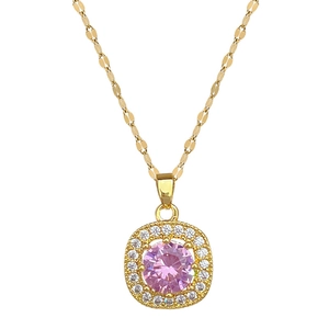 Titanium steel jewelry set with square pink zircon pendant and gold chain necklace