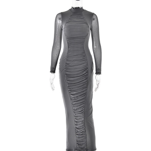 Slim fit grey long sleeve dress with mesh sleeves and ruched front design detail