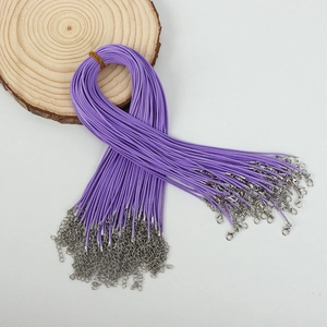 Bulk purple wax cord necklace strings with silver metal clasps and extension chains