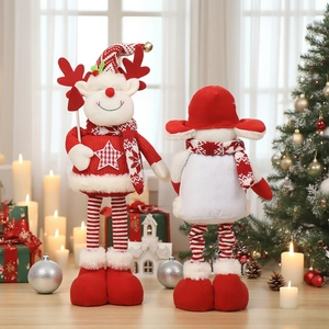 Christmas standing plush dolls reindeer and Santa set with red white striped knit details