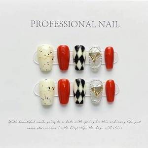 Handmade wine red press-on nails with diamond hearts and checkered patterns