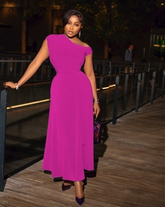 Detail of rose purple one-shoulder maxi dress with cinched waist and sleeveless design