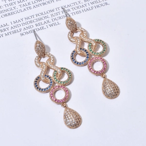 Long tassel geometric round earrings with colorful cubic zirconia in gold plating