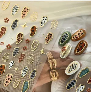Detail of 3D French animal print nail stickers with gold leopard and zebra texture