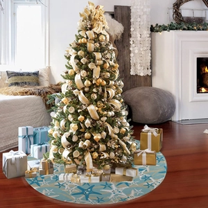 Detailed view of starfish ocean theme Christmas tree skirt in a cozy home setting