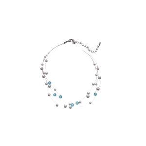 Multi-layer pearl and blue crystal beaded necklace with lobster clasp and extension chain