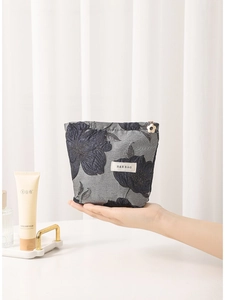 Retro blue floral jacquard makeup bag with large capacity and soft fabric texture