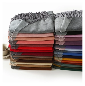 Detail view of stacked soft faux rabbit fur scarves with tassels in multiple colors