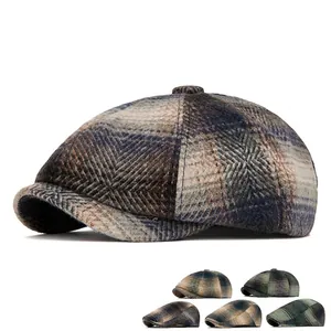 Classic checkered wool newsboy cap for men and women featuring vintage autumn winter warmth