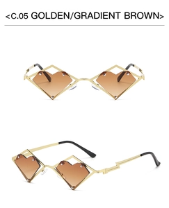 Detail of golden heart-shaped sunglasses with gradient brown lenses from two angles