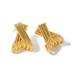 Minimalist 18k gold plated stainless steel X-shape earrings with layered curved design
