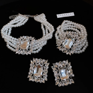 Detailed view of layered pearl necklace with crystal accents in a luxury jewelry set