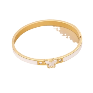 Elegant gold stainless steel butterfly bangle with white enamel and sparkling rhinestones