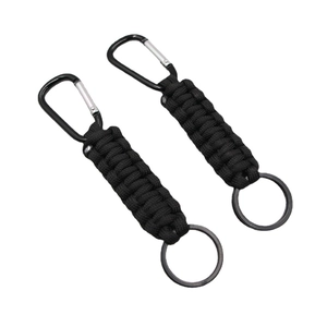 Dual pack of black tactical paracord keychains with D-ring carabiners and metal key rings