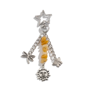 Vintage silver keychain with amber stones, butterfly, dragonfly and sun face pendants