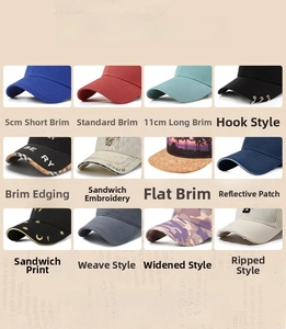 Detail showing 12 styles of customizable baseball cap brims with embroidery and prints