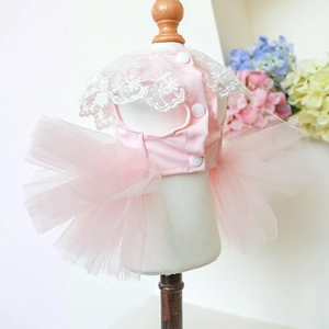 Pink lace fairy pet dress with layered mesh tutu and button closure for dogs and cats