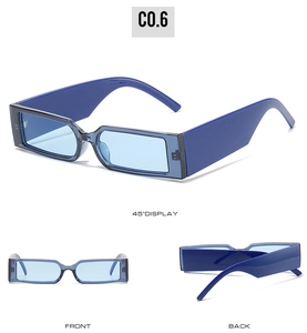 Blue rectangular narrow frame sunglasses shown in front, back and 45 degree angle views