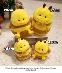 Cute bee-duck plush doll size comparison showing 13cm, 15cm, 20cm and 25cm versions