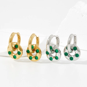Golden and silver stainless steel hoop earrings with green gemstone donut charms set