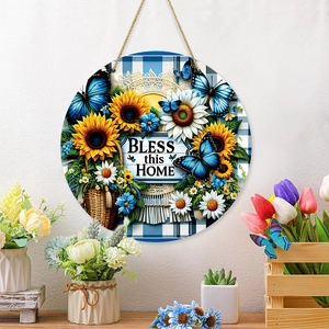 Floral circular wooden welcome sign with Bless this Home text and butterfly details